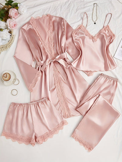 Bequemes Spitzenbesatz Satin 4-teiliges Pyjama Set Mit Spitzenbesatz Für Damen | Perfekt für den Alltag