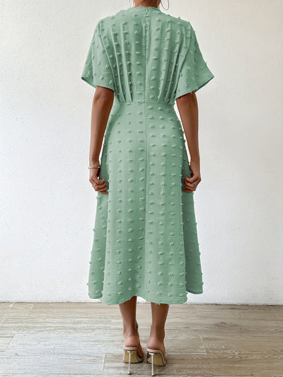 Stilvolles Schweizer Punkt Gerafft Gefaltet Tiefes Dekolleté Kurzarm Midi Formelles Kleid Für Damen | Für formelle Anlässe