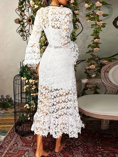Lässiges Sexy V-Ausschnitt Glockenärmel Blumen Häkelformelles Kleid Für Damen | Ideal für jede Jahreszeit
