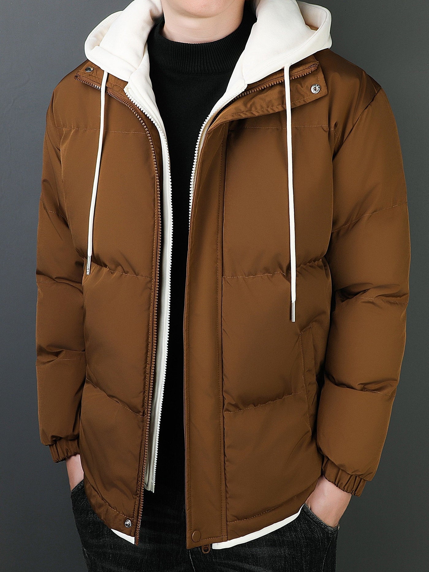 Lässige Schwarze Baumwoll-Fake-Doppelt Gepolsterte Kapuzen-Winterjacke Für Herren | Perfekt für Outdoor-Aktivitäten