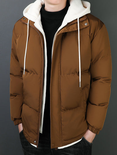 Lässige Schwarze Baumwoll-Fake-Doppelt Gepolsterte Kapuzen-Winterjacke Für Herren | Perfekt für Outdoor-Aktivitäten