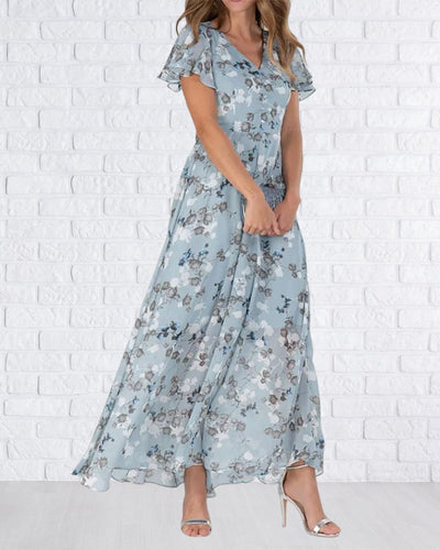 Trixia - Florales Maxikleid Damen | Chiffonstoff luftiges Sommerkleid | Maxikleid mit fließendem Rock