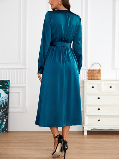 Casual Satin Rundhals Mit Gürtel In Der Taille A-Linie Langarm Formelles Kleid Für Damen | Für formelle Anlässe