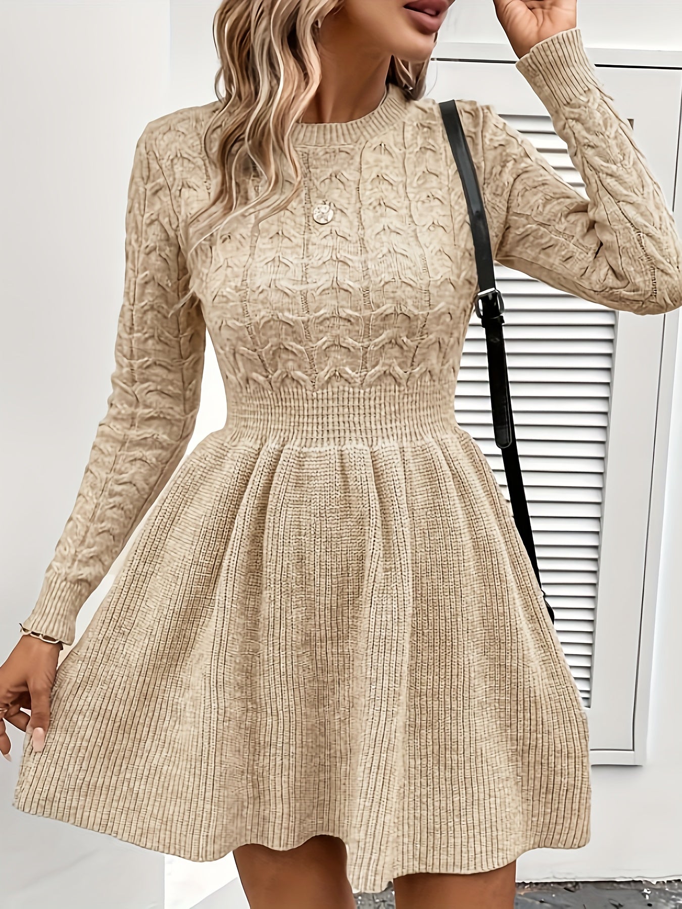 Casual Einfarbiges Kabelstrick Geraffte Taille Rüschen Saum Langarm Formelles Kleid Für Damen | Für formelle Anlässe