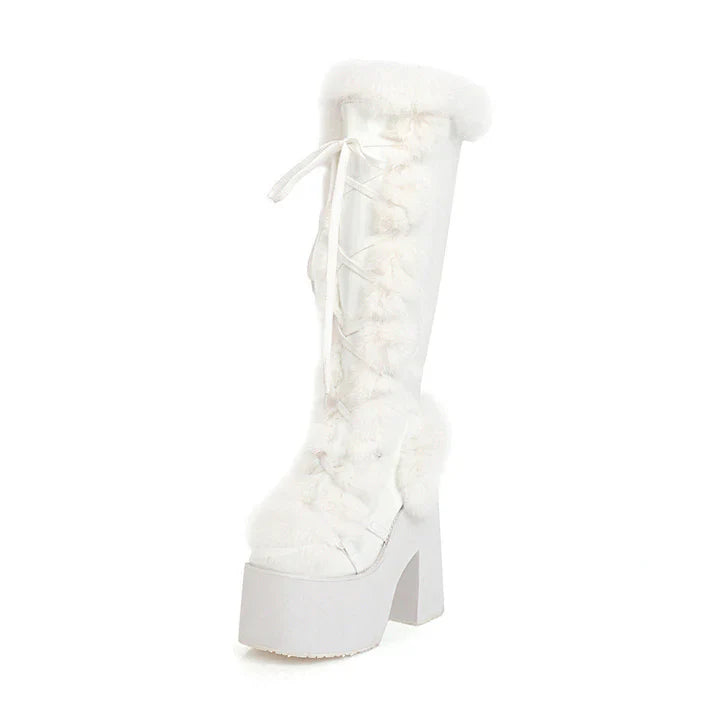 Damen Plateau-Stiefel – Extravagante Kniehohe Stiefel mit Kunstfell und Schnürung - Weihnachten