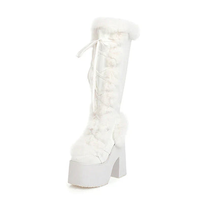 Damen Plateau-Stiefel – Extravagante Kniehohe Stiefel mit Kunstfell und Schnürung - Weihnachten