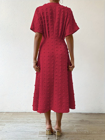 Stilvolles Schweizer Punkt Gerafft Gefaltet Tiefes Dekolleté Kurzarm Midi Formelles Kleid Für Damen | Für formelle Anlässe