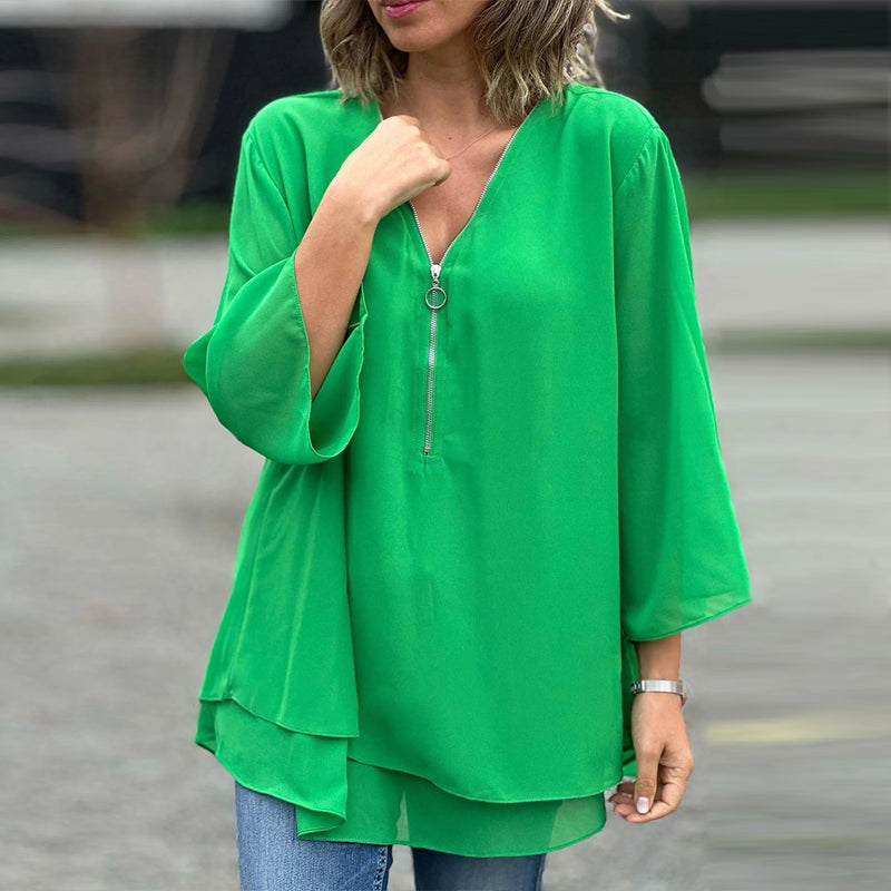 Elegantes Damen Chiffon-Top mit V-Ausschnitt und Reißverschluss