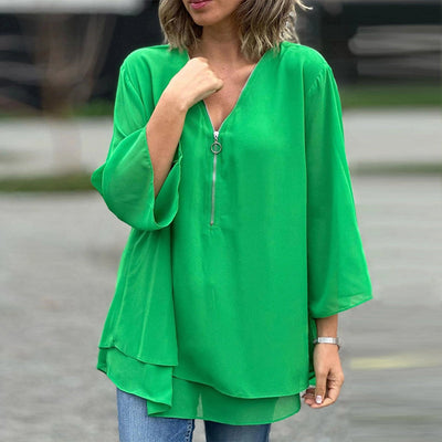 Elegantes Damen Chiffon-Top mit V-Ausschnitt und Reißverschluss