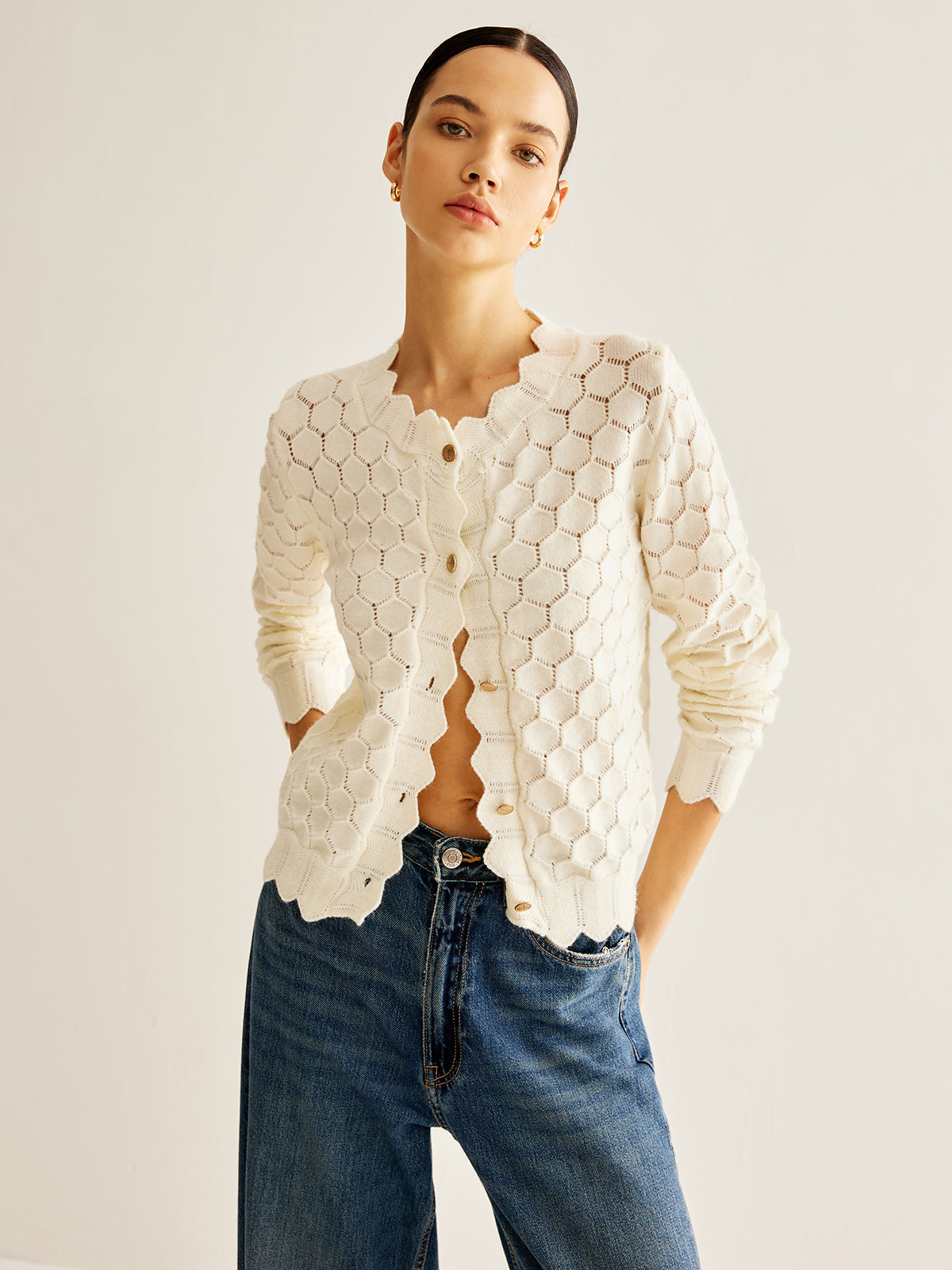 Strickcardigan mit Wellenkante | Lochmuster im Wabenstil | Gerade Passform