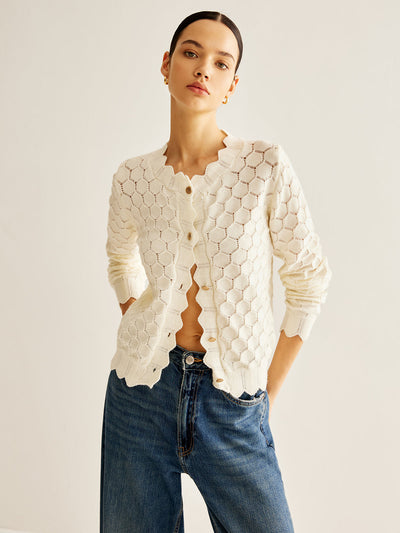 Strickcardigan mit Wellenkante | Lochmuster im Wabenstil | Gerade Passform
