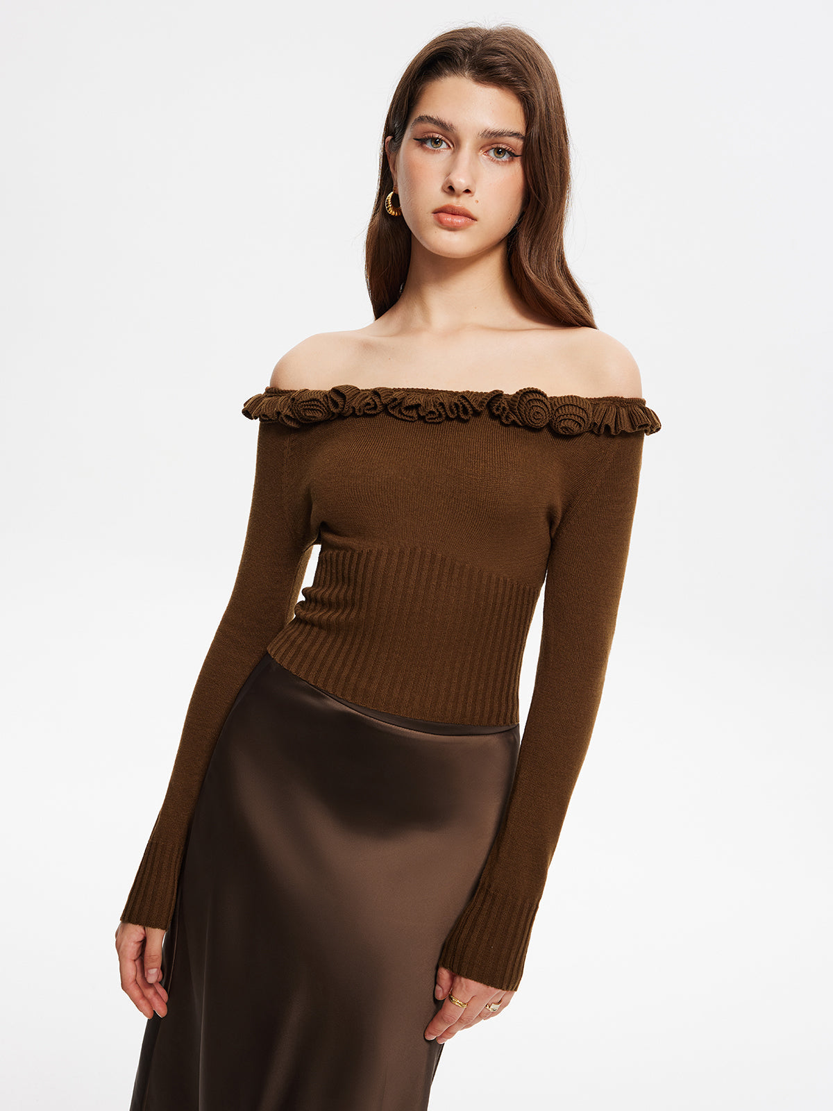 Damen Strickpullover schulterfrei | Rüschen-Details & Feminine Passform