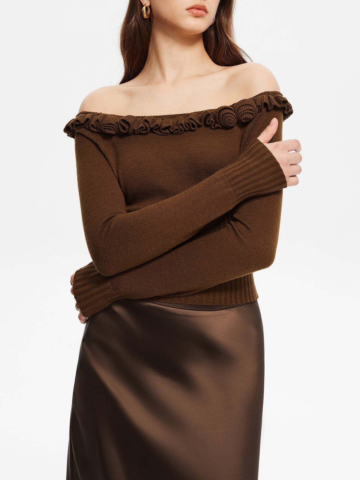 Damen Strickpullover schulterfrei | Rüschen-Details & Feminine Passform