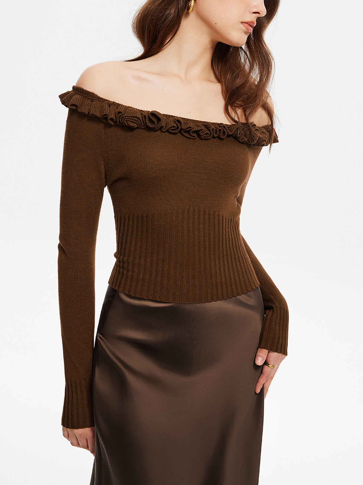 Damen Strickpullover schulterfrei | Rüschen-Details & Feminine Passform