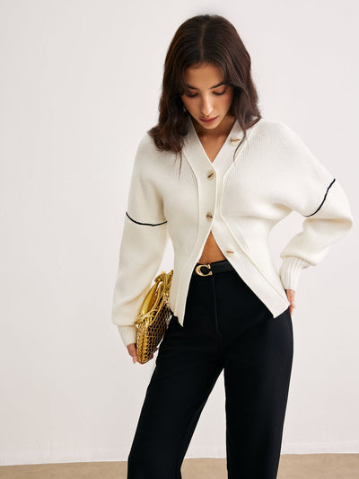 Strickjacke mit Kontrastdetail | V-Ausschnitt | Oversized Ärmel