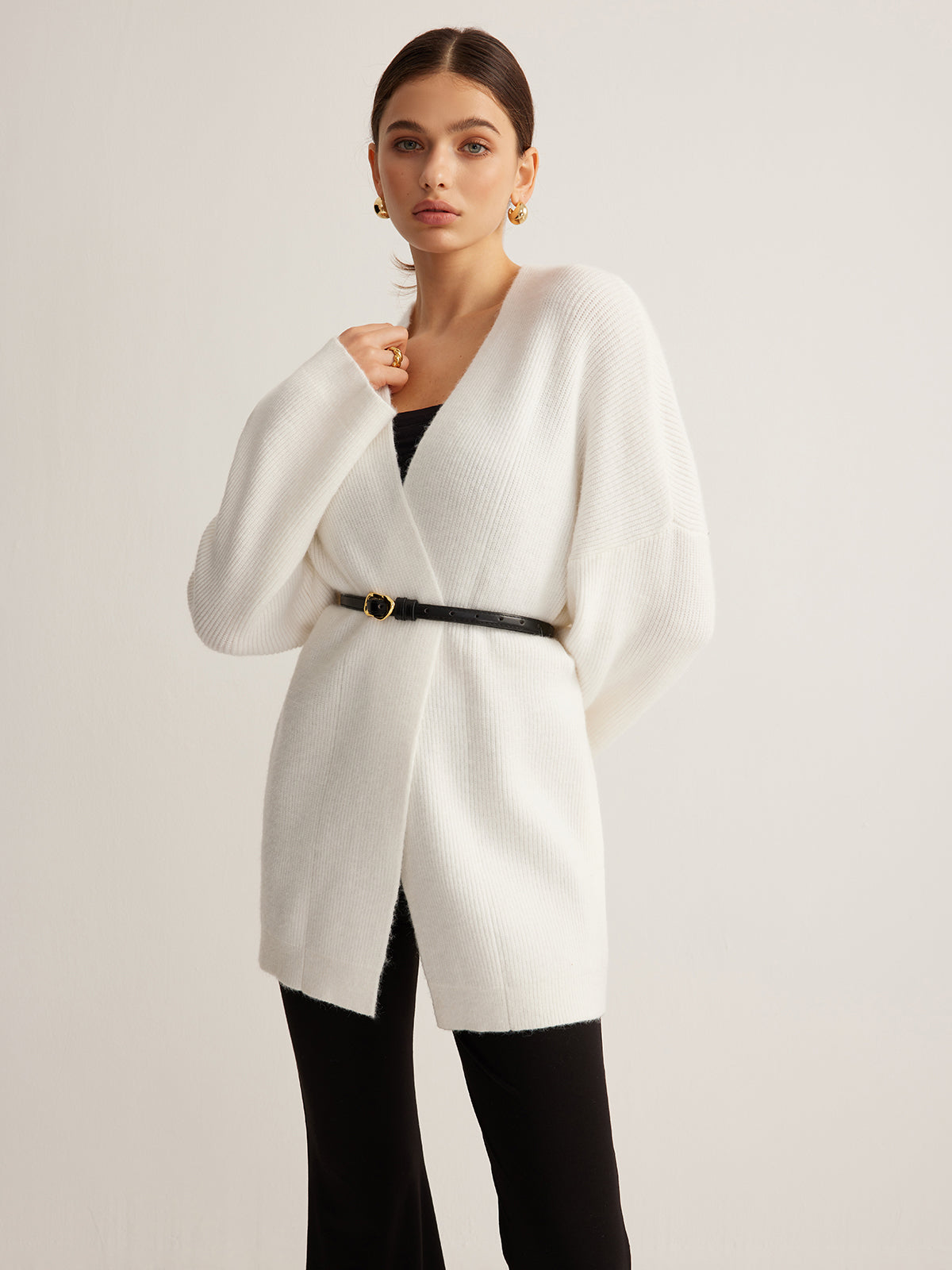 Strickcardigan ohne Verschluss | Weite Ärmel | Taillierung mit Gürtel