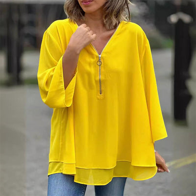 Elegantes Damen Chiffon-Top mit V-Ausschnitt und Reißverschluss