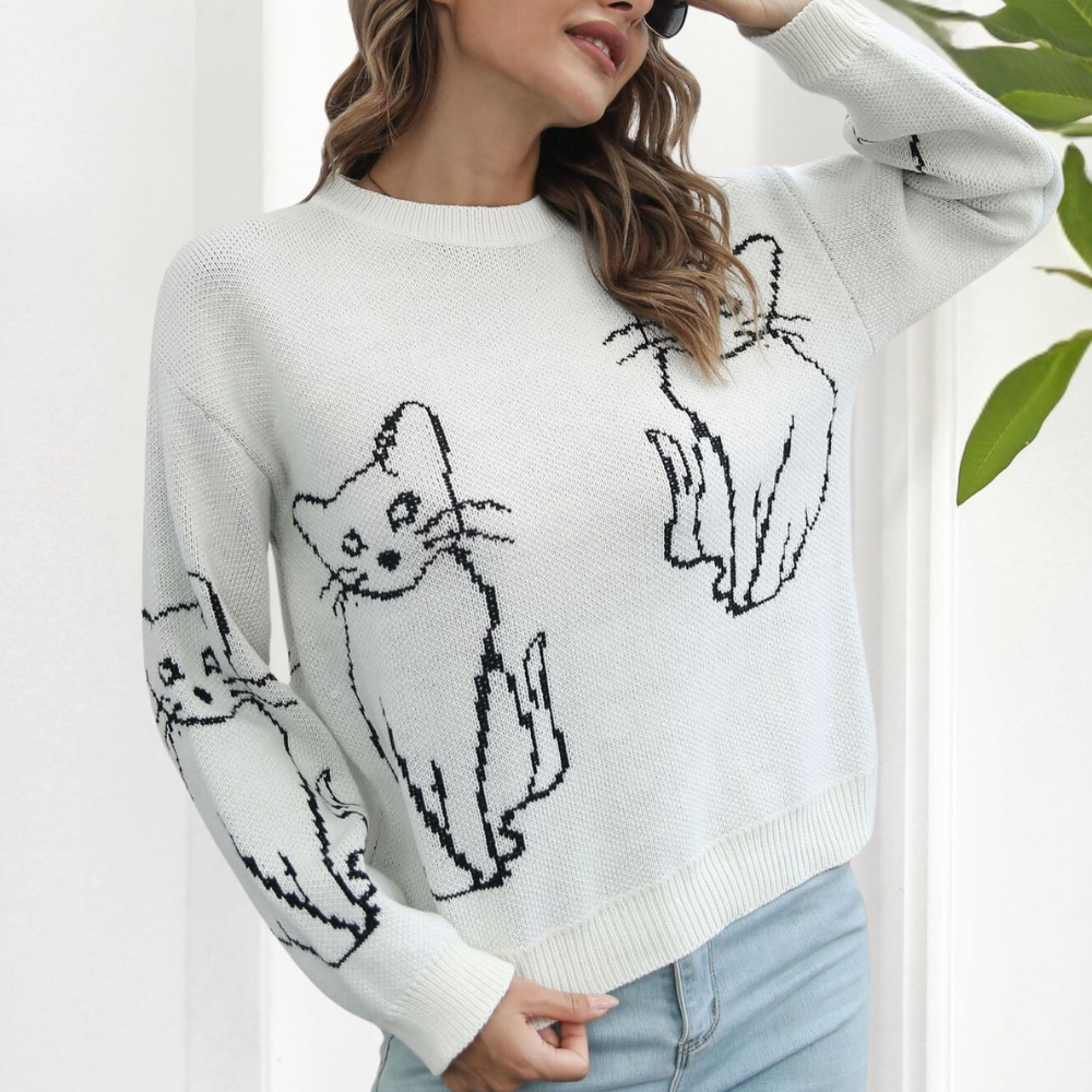 Verspielter Strickpullover | Katzenmotiv | Lässige Passform