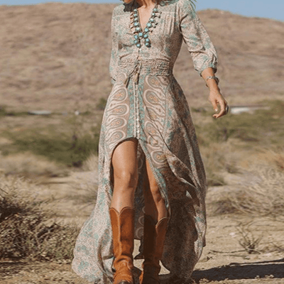 Boho-Maxikleid mit Paisleymuster | Knopfleiste | Schlitz-Design