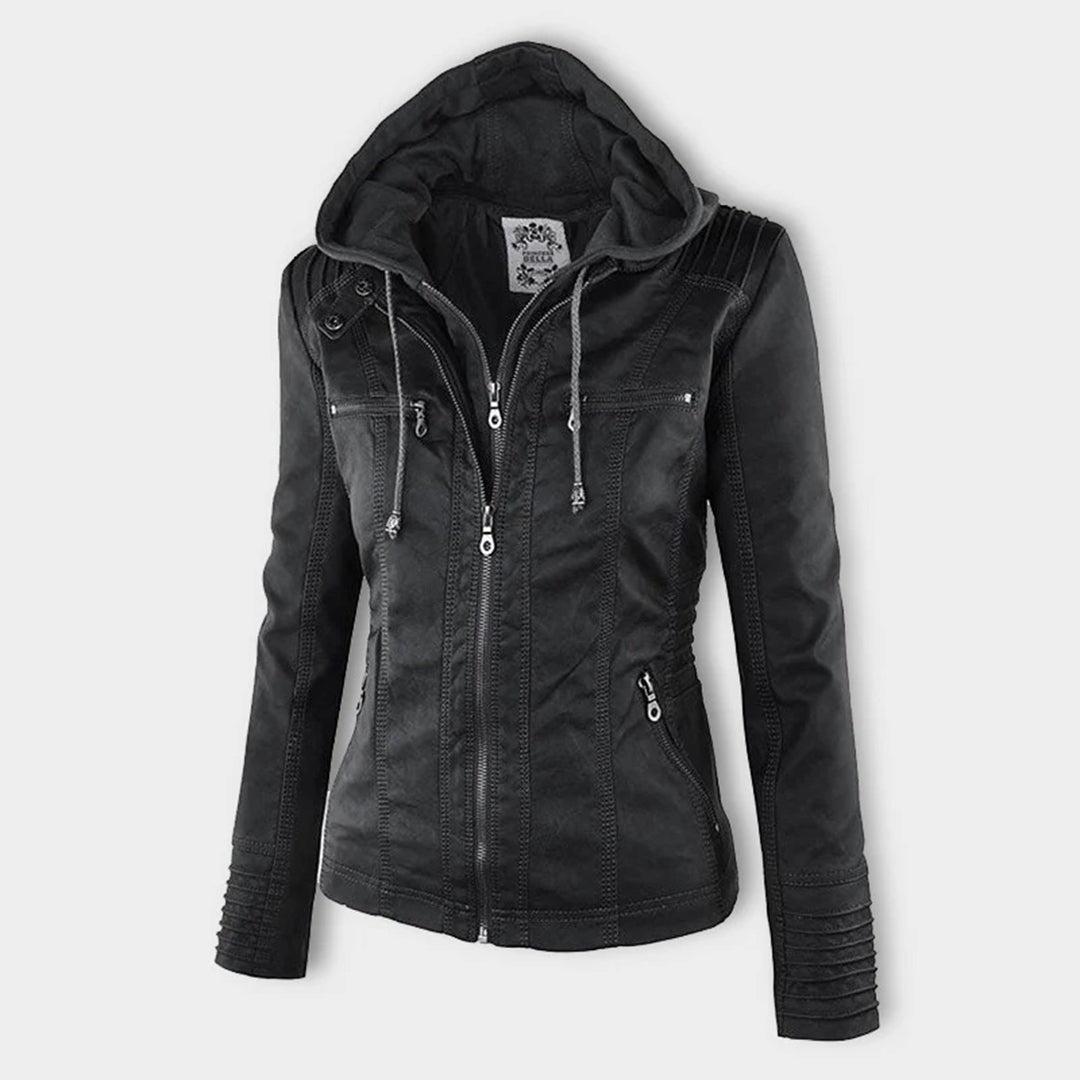 Damen Biker-Jacke aus Kunstleder – Stylische Jacke mit Kapuze und Reißverschlüssen, ideal für Herbst und Frühjahr