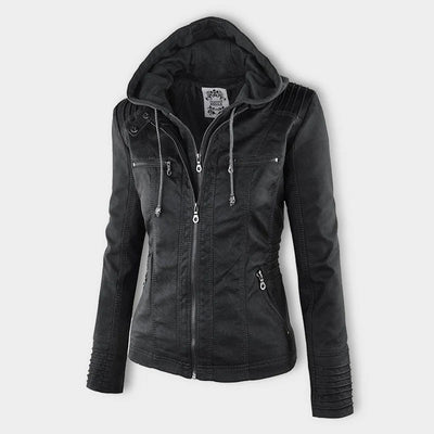 Damen Biker-Jacke aus Kunstleder – Stylische Jacke mit Kapuze und Reißverschlüssen, ideal für Herbst und Frühjahr