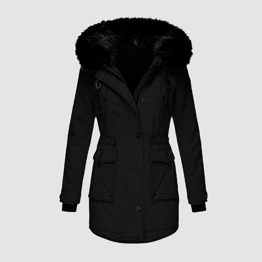 Damen Stilvolle Parka mit Schwarzem Kunstfellbesatz