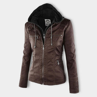 Damen Biker-Jacke aus Kunstleder – Stylische Jacke mit Kapuze und Reißverschlüssen, ideal für Herbst und Frühjahr