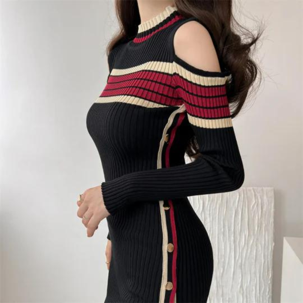 Damen Strickkleid figurbetont | Mit Kontraststreifen & Seitenschlitz-Design