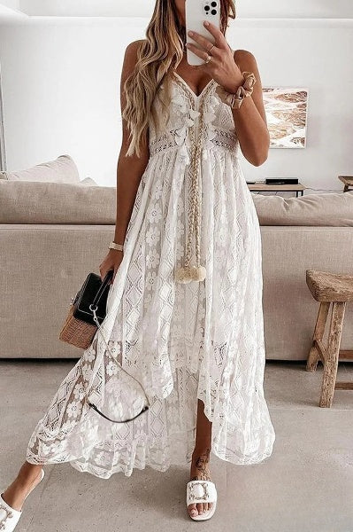 Damen Häkelfransen Spitzenkleid in Weiß - Eleganter Sommerlook