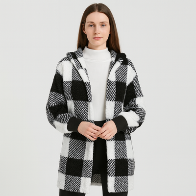Ava | Damen Fleece-Cardigan mit Kapuze und Karomuster