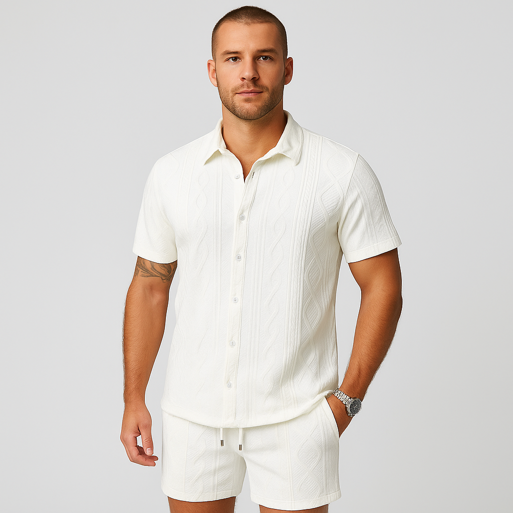 2-teiliges Jacquard-Strick-Set für Herren – Kurzarmhemd und Shorts in Unifarbe, Premium-Freizeitoutfit