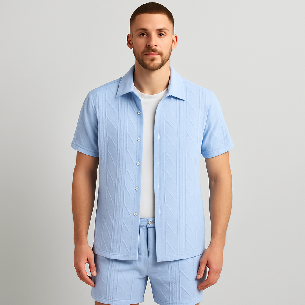 2-teiliges Jacquard-Strick-Set für Herren – Kurzarmhemd und Shorts in Unifarbe, Premium-Freizeitoutfit