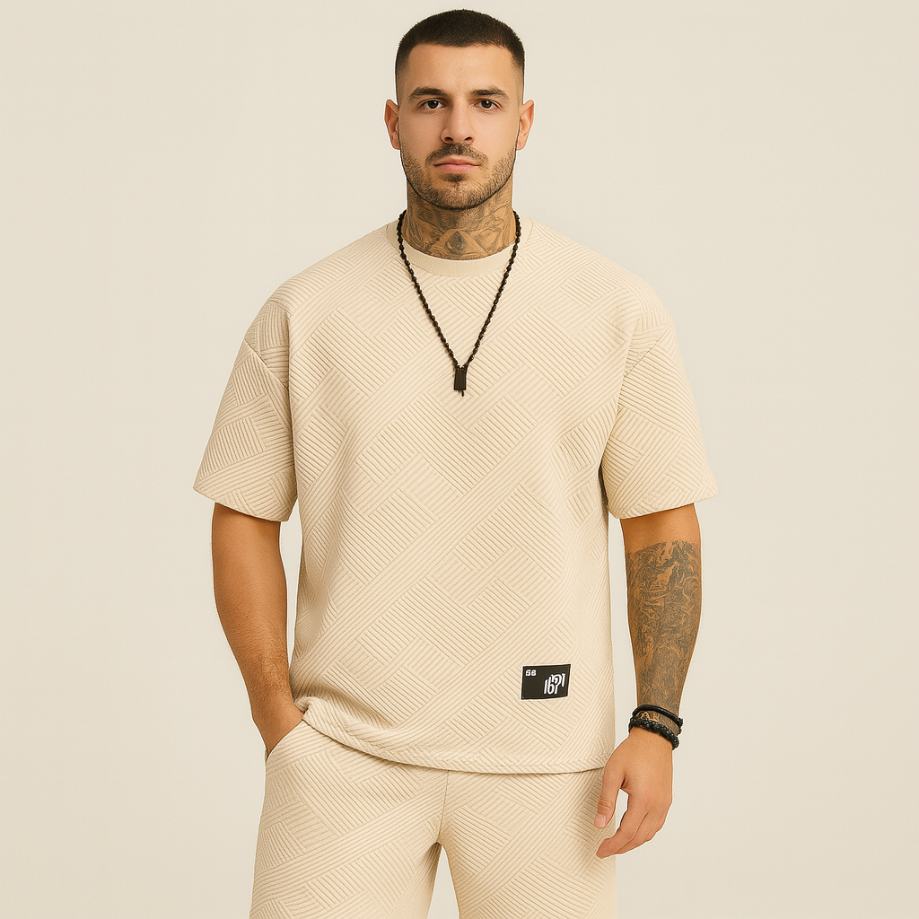 2-teiliges strukturiertes Herren-Set – Kurzarm-Oberteil mit Rundhalsausschnitt und passende Jacquard-Shorts