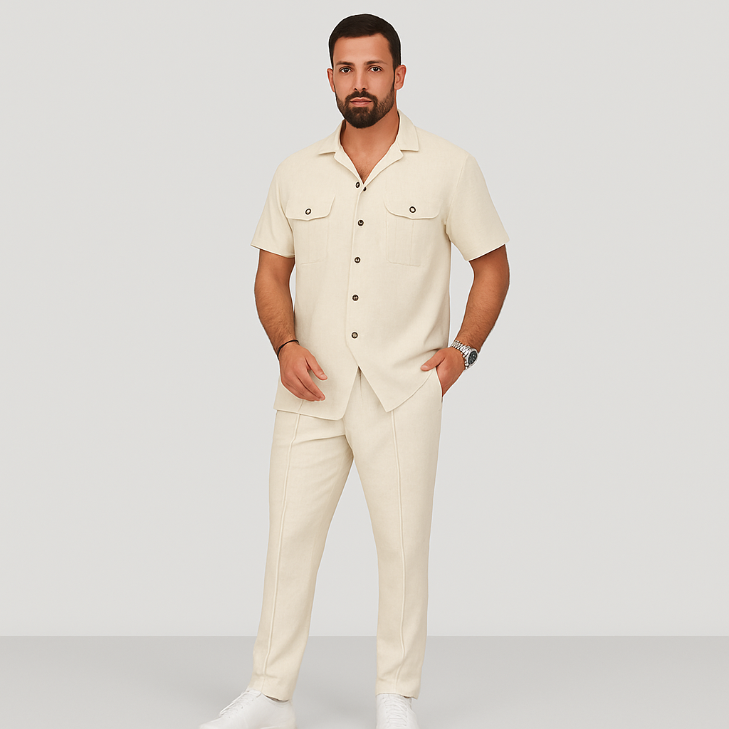 2-teiliges Sommer-Set für Herren – Lässiges Strandhemd mit Doppeltaschen und passende lange Hose