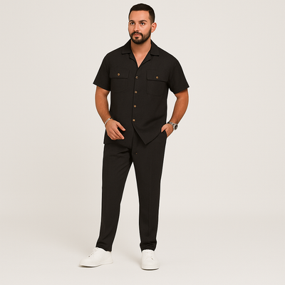 2-teiliges Sommer-Set für Herren – Lässiges Strandhemd mit Doppeltaschen und passende lange Hose