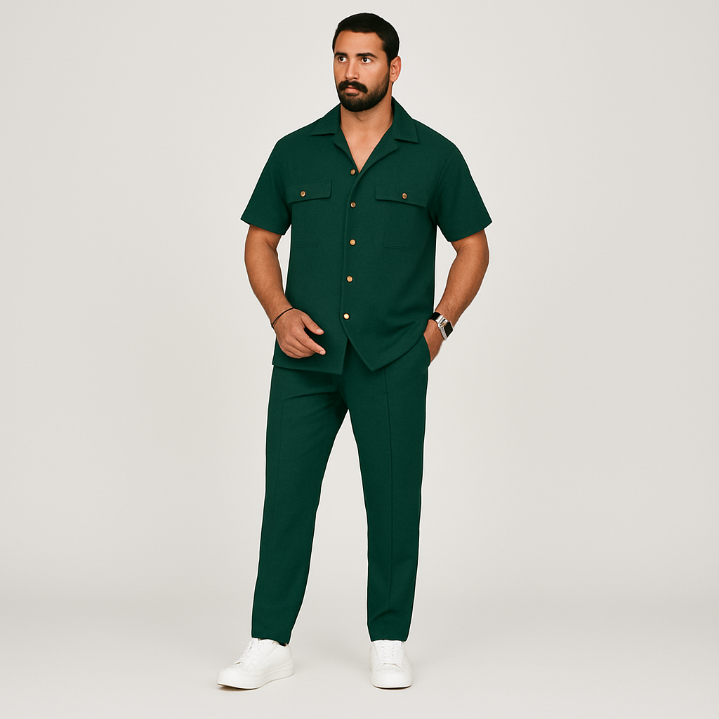 2-teiliges Sommer-Set für Herren – Lässiges Strandhemd mit Doppeltaschen und passende lange Hose