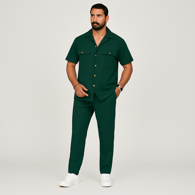 2-teiliges Sommer-Set für Herren – Lässiges Strandhemd mit Doppeltaschen und passende lange Hose