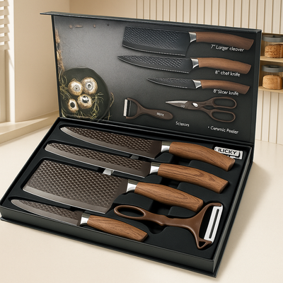 Chefora | 6-teiliges Küchenmesser- und Zubehörset aus Edelstahl – Schwarze Geschenk-Edition