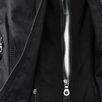 Damen Biker-Jacke aus Kunstleder – Stylische Jacke mit Kapuze und Reißverschlüssen, ideal für Herbst und Frühjahr