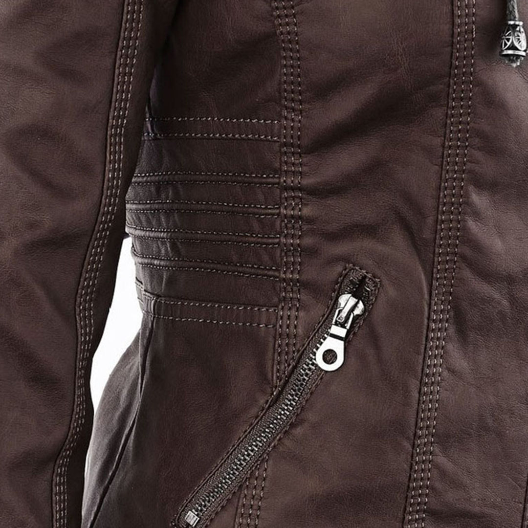 Damen Biker-Jacke aus Kunstleder – Stylische Jacke mit Kapuze und Reißverschlüssen, ideal für Herbst und Frühjahr