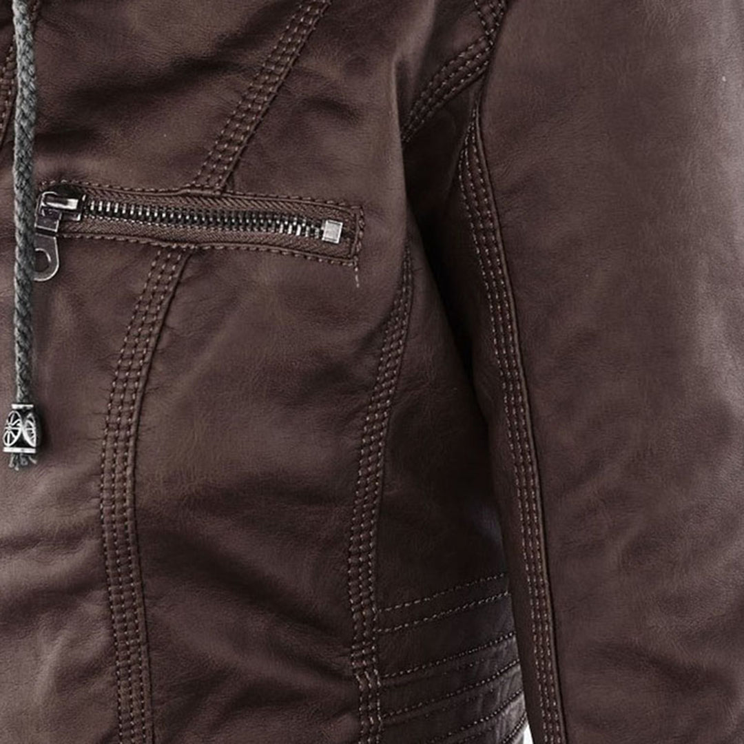 Damen Biker-Jacke aus Kunstleder – Stylische Jacke mit Kapuze und Reißverschlüssen, ideal für Herbst und Frühjahr