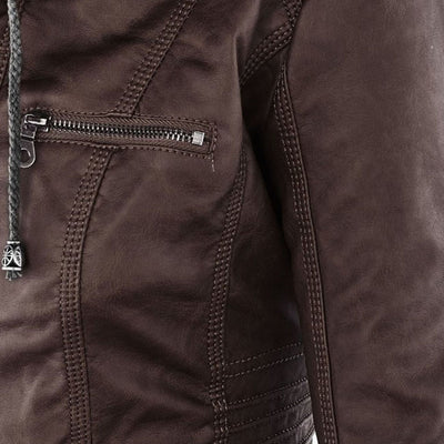 Damen Biker-Jacke aus Kunstleder – Stylische Jacke mit Kapuze und Reißverschlüssen, ideal für Herbst und Frühjahr