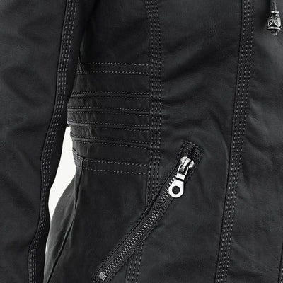 Damen Biker-Jacke aus Kunstleder – Stylische Jacke mit Kapuze und Reißverschlüssen, ideal für Herbst und Frühjahr