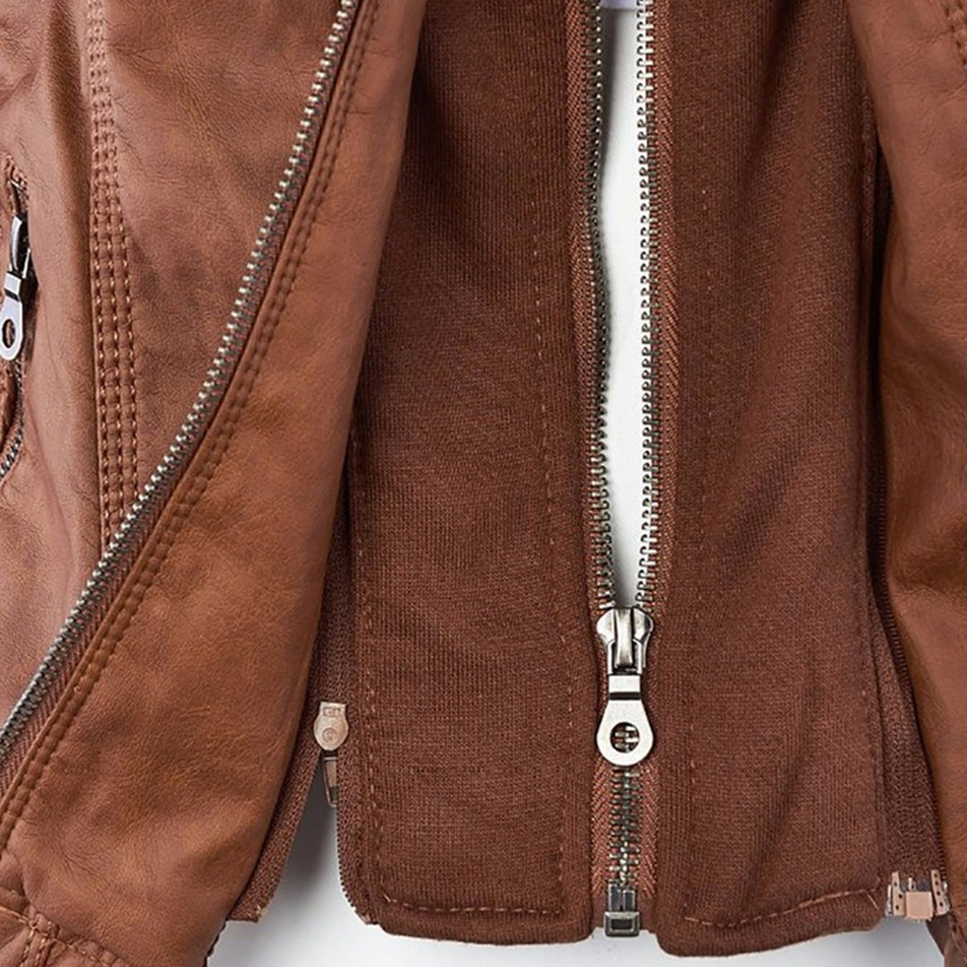 Damen Biker-Jacke aus Kunstleder – Stylische Jacke mit Kapuze und Reißverschlüssen, ideal für Herbst und Frühjahr