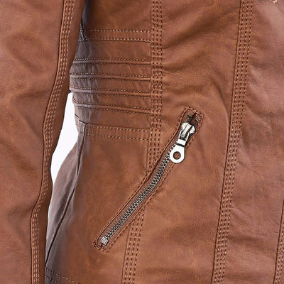 Damen Biker-Jacke aus Kunstleder – Stylische Jacke mit Kapuze und Reißverschlüssen, ideal für Herbst und Frühjahr