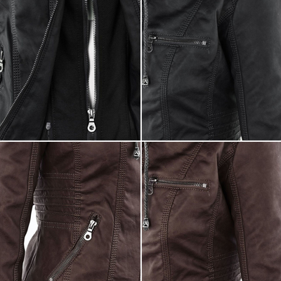 Damen Biker-Jacke aus Kunstleder – Stylische Jacke mit Kapuze und Reißverschlüssen, ideal für Herbst und Frühjahr