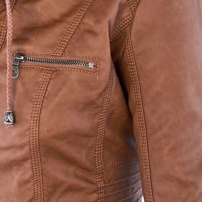 Damen Biker-Jacke aus Kunstleder – Stylische Jacke mit Kapuze und Reißverschlüssen, ideal für Herbst und Frühjahr