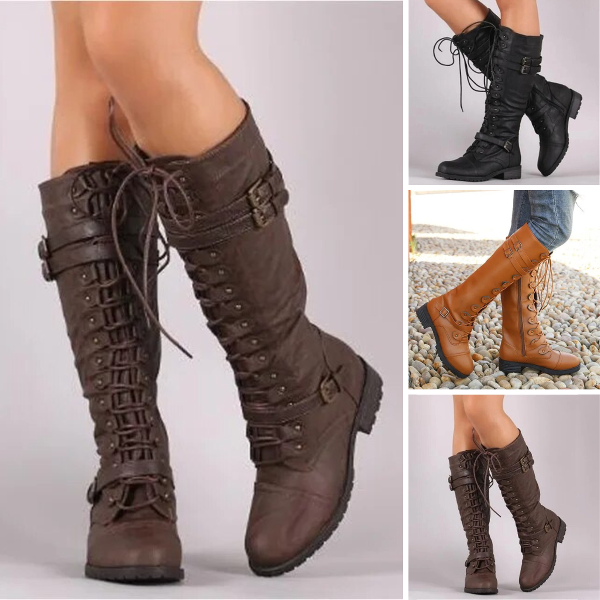Damen Schnürstiefel Flach Vintage mit Schnallen im Steampunk-Stil