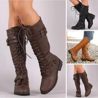 Damen Schnürstiefel Flach Vintage mit Schnallen im Steampunk-Stil