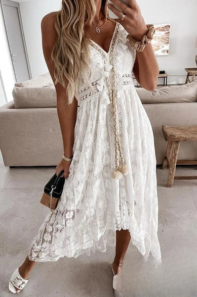 Damen Häkelfransen Spitzenkleid in Weiß - Eleganter Sommerlook